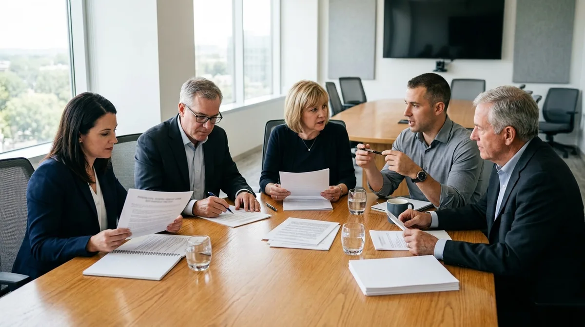 SOLVER arbeitet mit bestehenden Vertrauenspersonen zusammen und ergänzt mit ihrer Expertise. Mehrere Geschäftspersonen sitzen an einem Tisch und verhandeln.